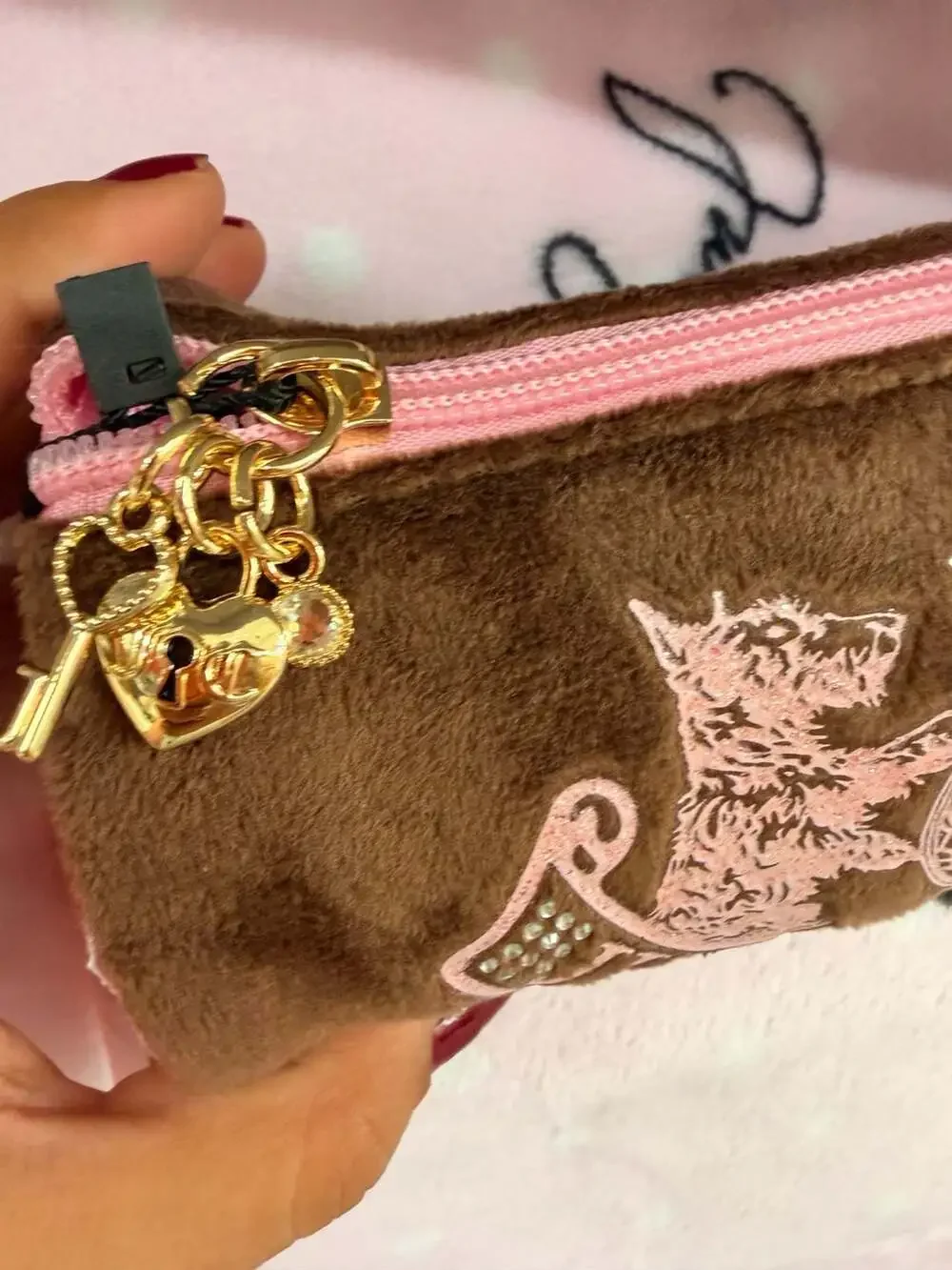 Juicy Couture Brown Velvet Barrel Makeup Bag with Pink Crest and Rhinestones NWT